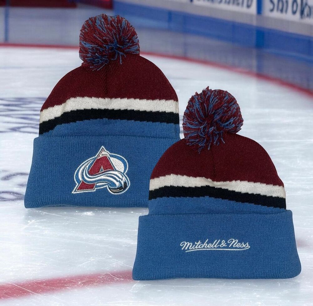 Mitchell & Ness Colorado Avalanche Youth Beanie Hat Blue Maroon Pom Cuffed NHL
